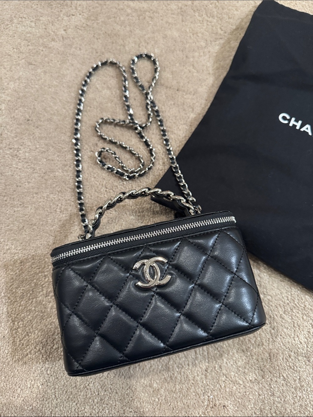 Stylish Black Quilted Vanity Crossbody with Silver CC (Real Cow Leather)